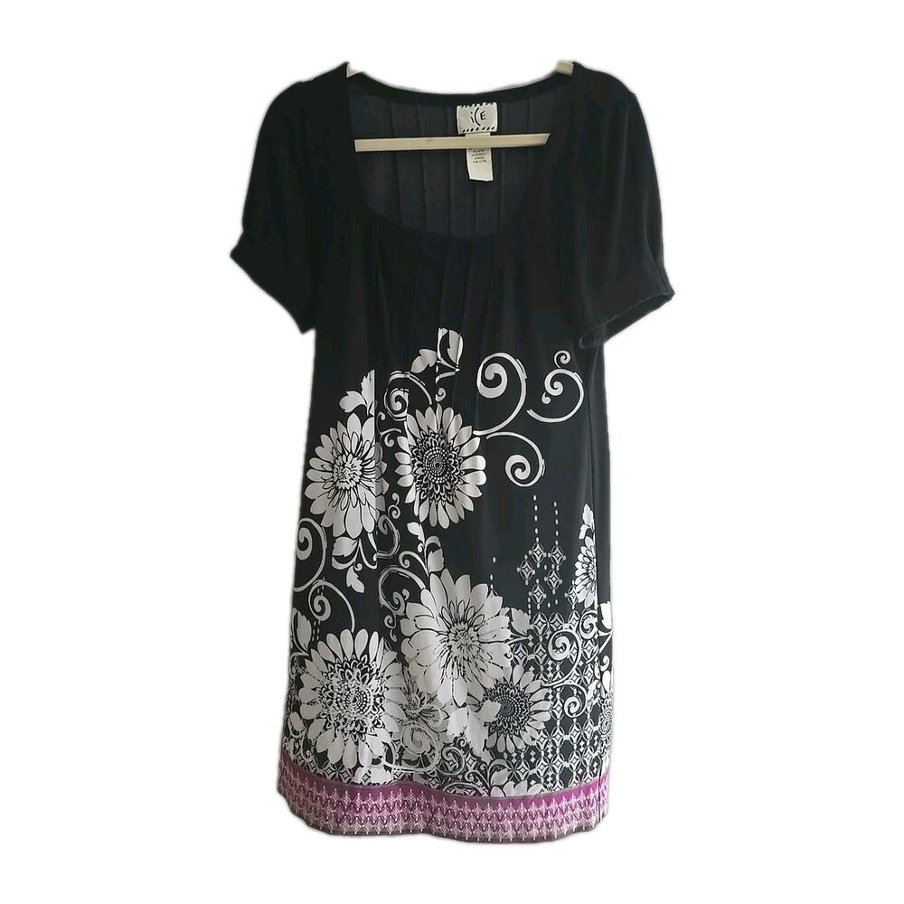 ICE Y2k Preppy Black Floral Square Neck‎ Short Sleeve Pleated Shift Dress Sz 12